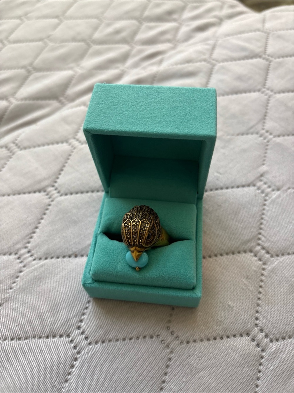 KURT GEIGER LONDON ANTIQUED GOLD TONE EAGLE HEAD RING TURQUOISE 9 New In Box